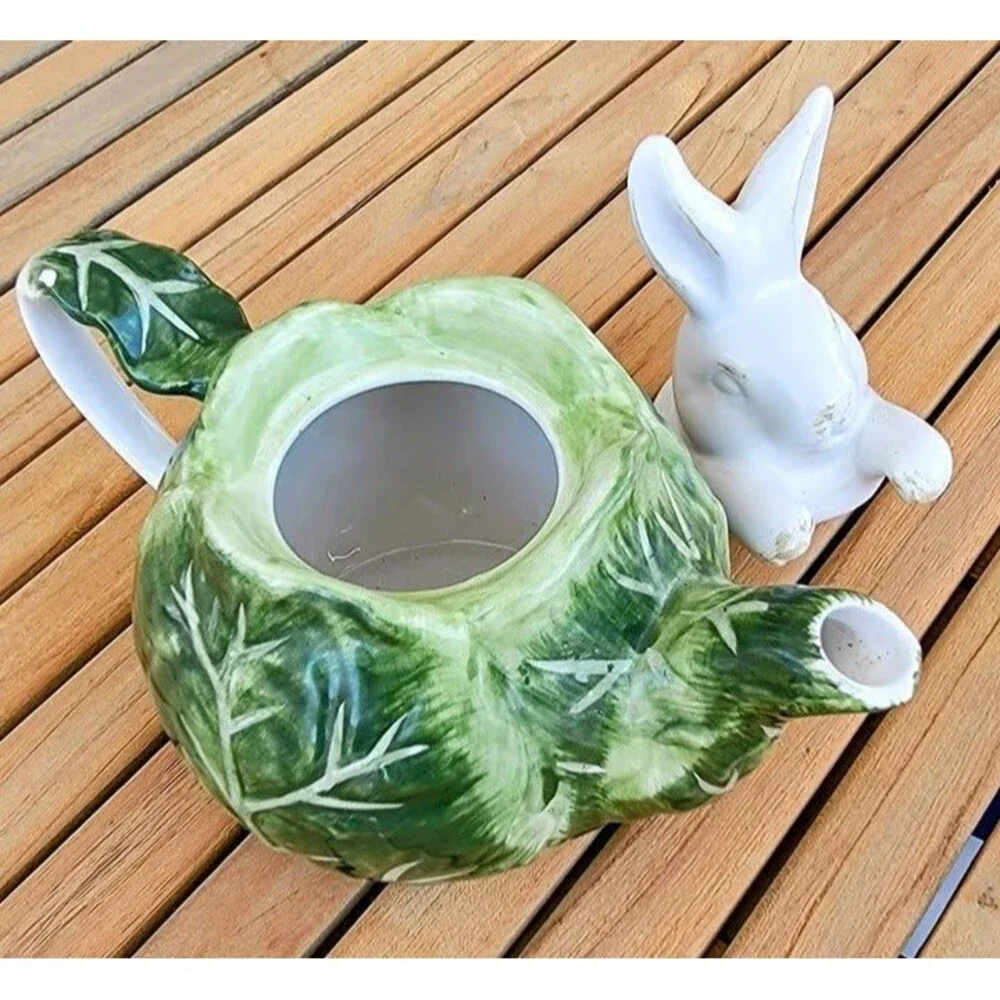 Pier 1 Pier One Small Cabbage Teapot with Bunny Lid 8